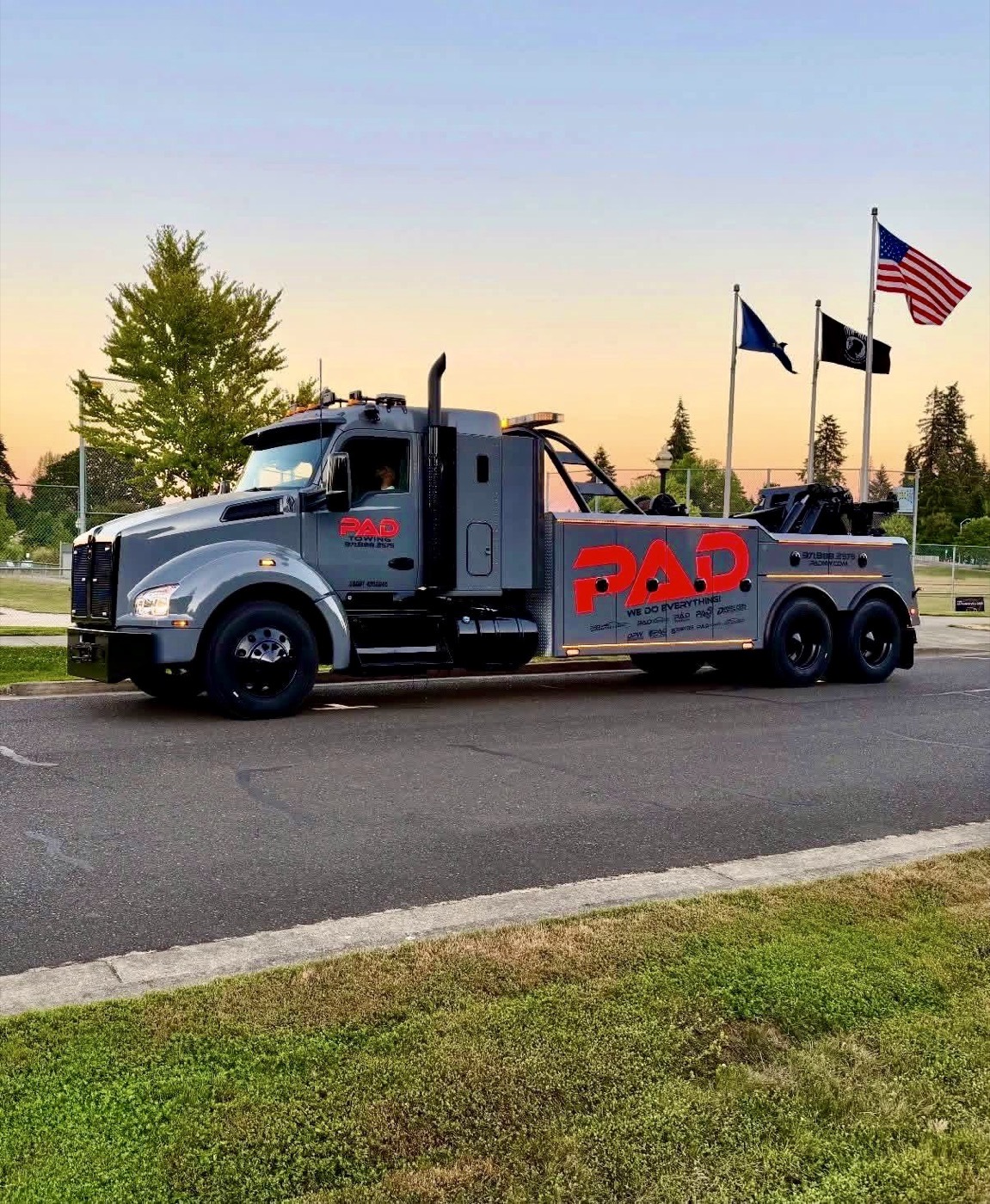PAD Towing heavy-duty wrecker ready to tow an RV or motorhome